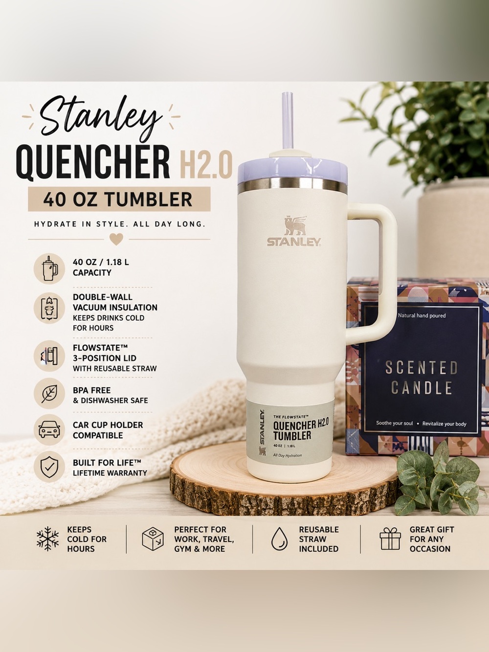 Stanley Quencher H2.0 40oz Cream Tumbler FlowState Handle Straw